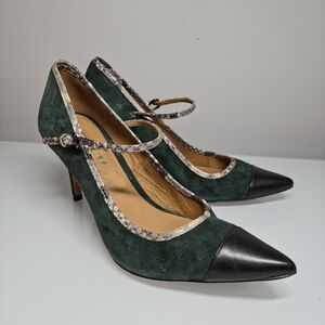 SOLD Coach Green Suede Mary Jane Pumps with Black Cap Toe and Snake-Print Trim